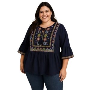 Eshakti Wayward Fancies Navy Blue Embroidered Flare Sleeve Blouse Size 3X